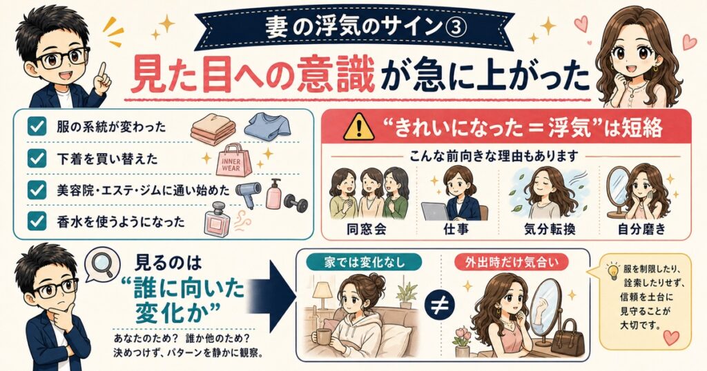妻の浮気サイン③：見た目への意識が急に上がった