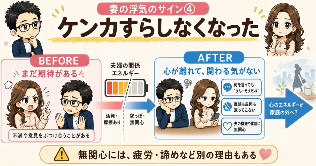妻の浮気サイン④：ケンカすらしなくなった
